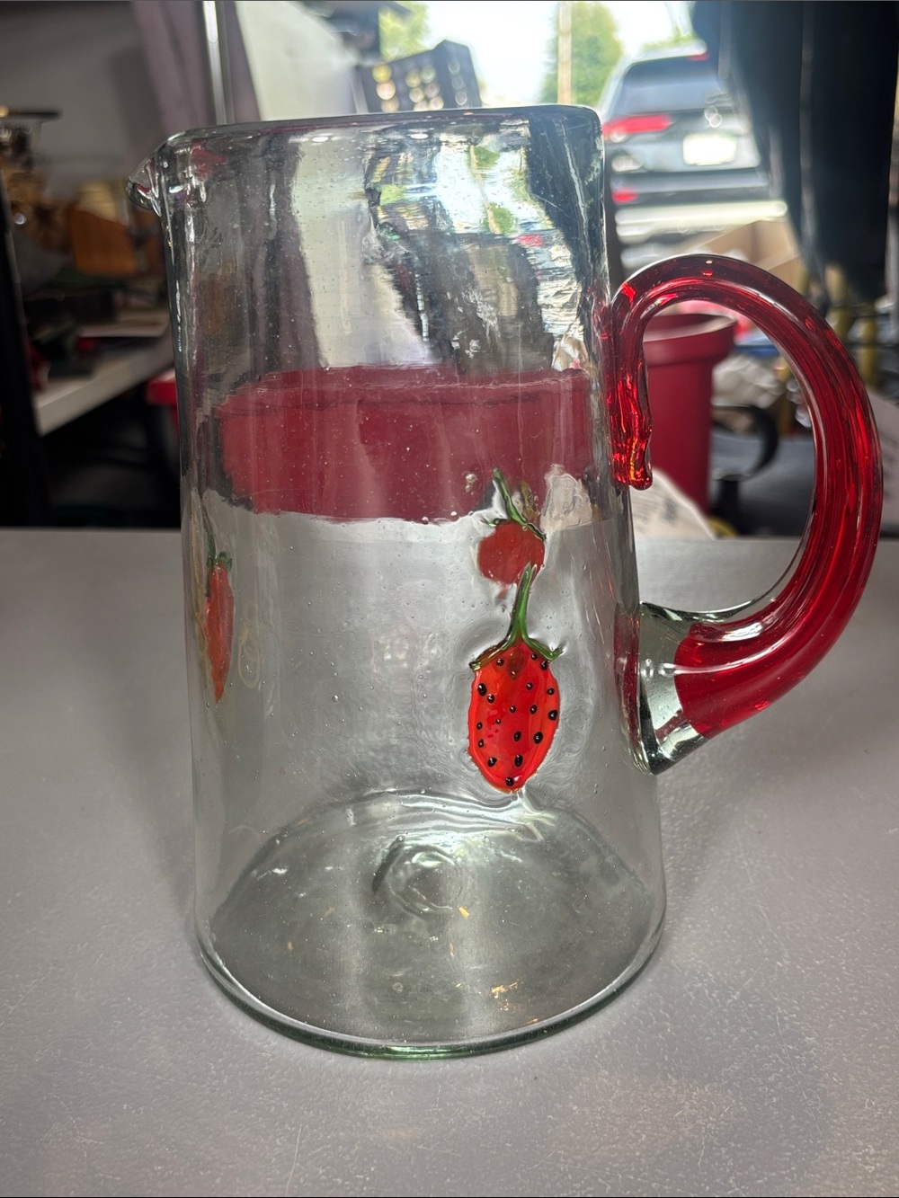 Clear Glass Strawberry Pitcher Red Handle Applied Fruit Art Glass 8”